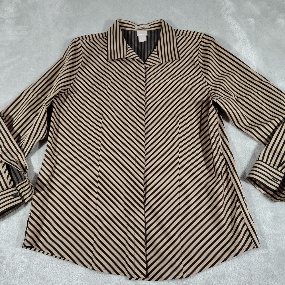 Chico's Blouse Ladies 1/US8/10 Gold/Black Stripe Covered Buttons‎ Elegant Classy